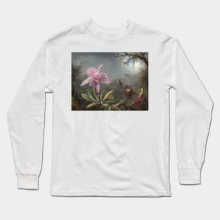 Cattleya Orchid and Three Hummingbirds by Martin Johnson Heade Long Sleeve T-Shirt